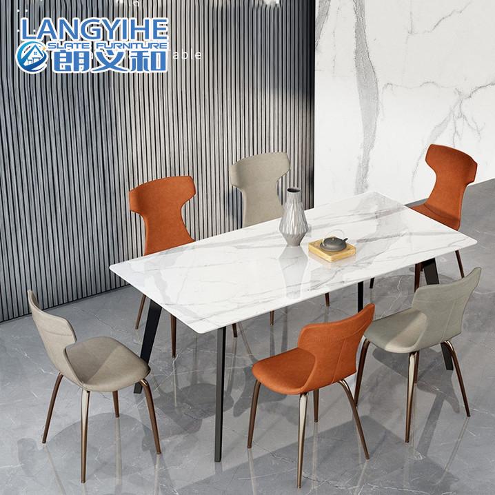 Rock Slab Minimalist โต๊ะรับประทานอาหารหินอ่อนรูปสี่เหลี่ยมผืนผ้า Nordic